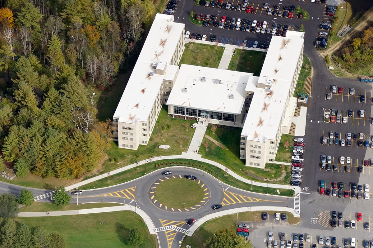 Aerial view of SUNY Student Housing and parking lot